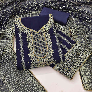 Navy Blue Floral Embroidered Georgette Dress Material