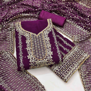 Wine Floral Embroidered Georgette Dress Material