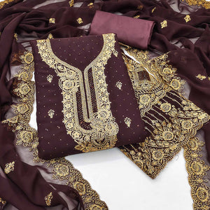 Brown Embroidered With Swarovski Work Georgette Dress Material