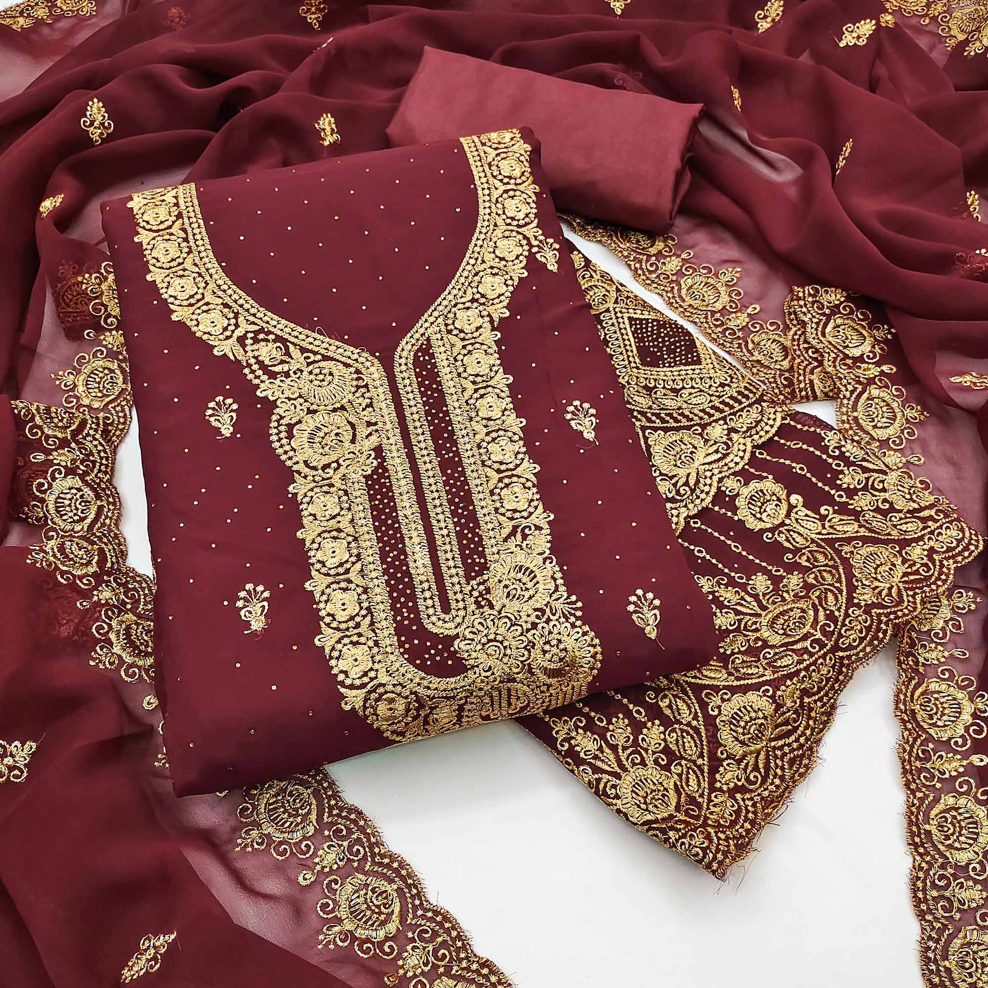 Maroon Embroidered With Swarovski Work Georgette Dress Material