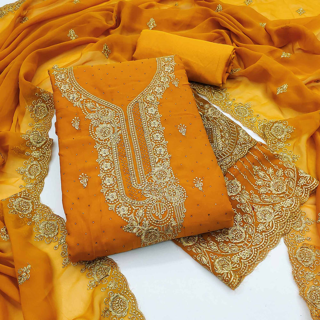 Mustard Embroidered Cotton Blend Dress Material With Dupatta