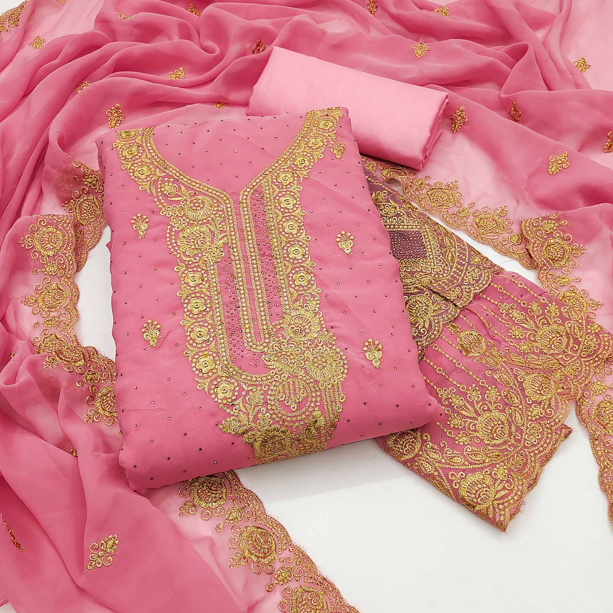 Pink Embroidered With Swarovski Work Georgette Dress Material