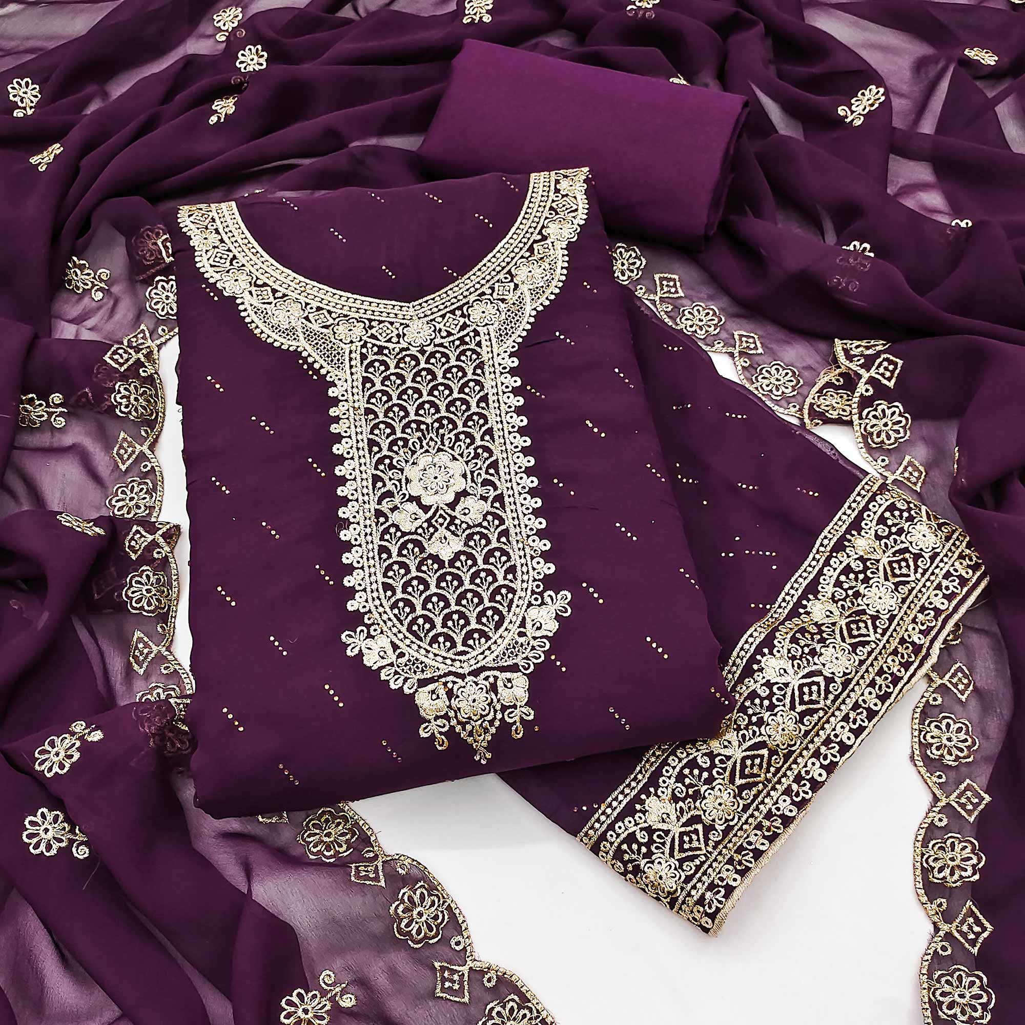 Wine Floral Embroidered With Swarovski Work Georgette Dress Material