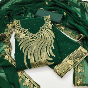 Drape Yourself In Luxury Green Floral Embroidery With Stone Work Georgette Dress Material