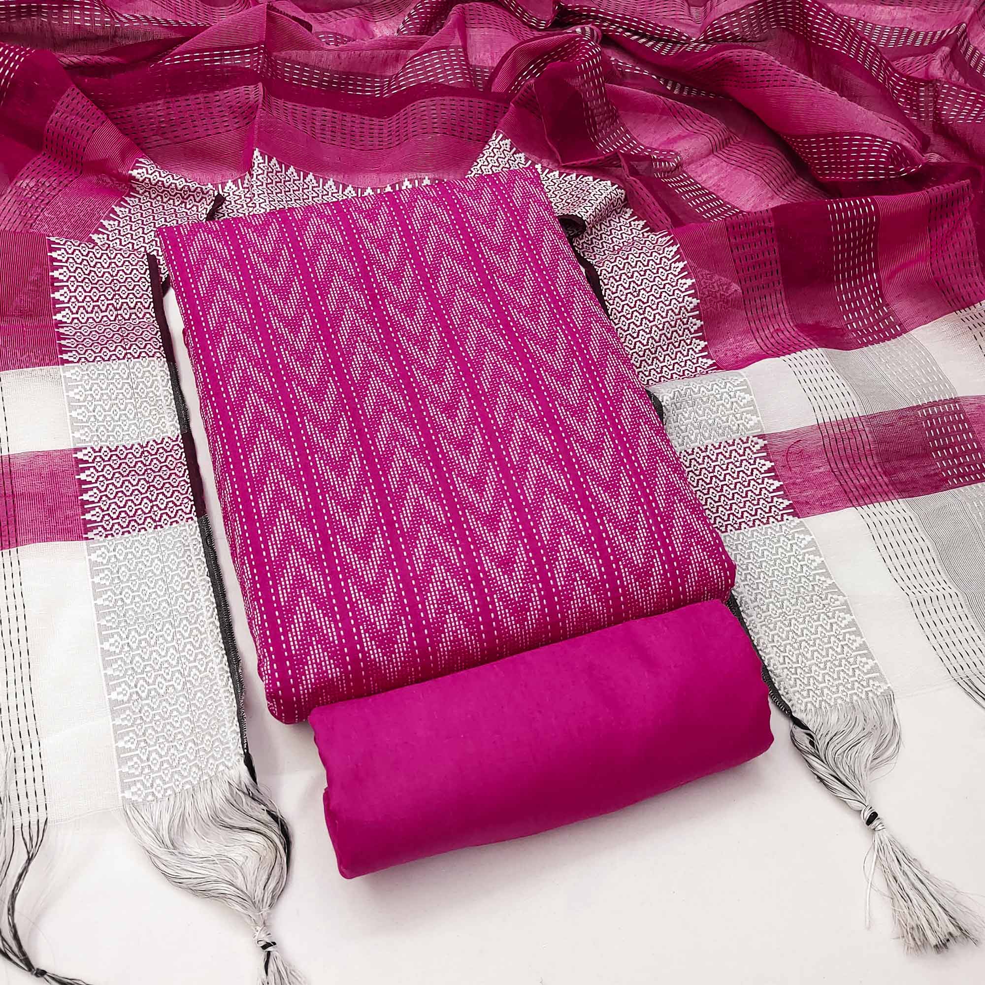 Redefine Elegance With This Pink Chevron Woven Pattern Cotton Blend Dress Material