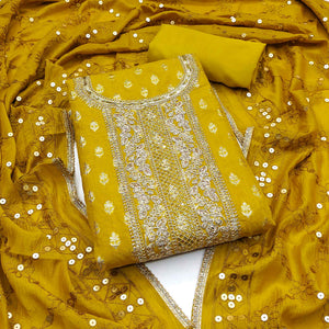 A Timeless Beauty Light Mustard Floral Cording Zari Embroidered Chanderi Dress Material