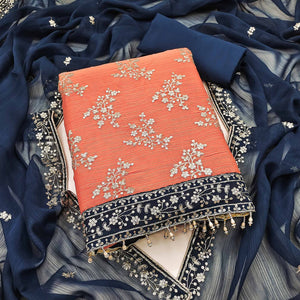 The Perfect Blend Of Grace Orange Floral Sequins Embroidered Zomoto Art Silk Dress Material
