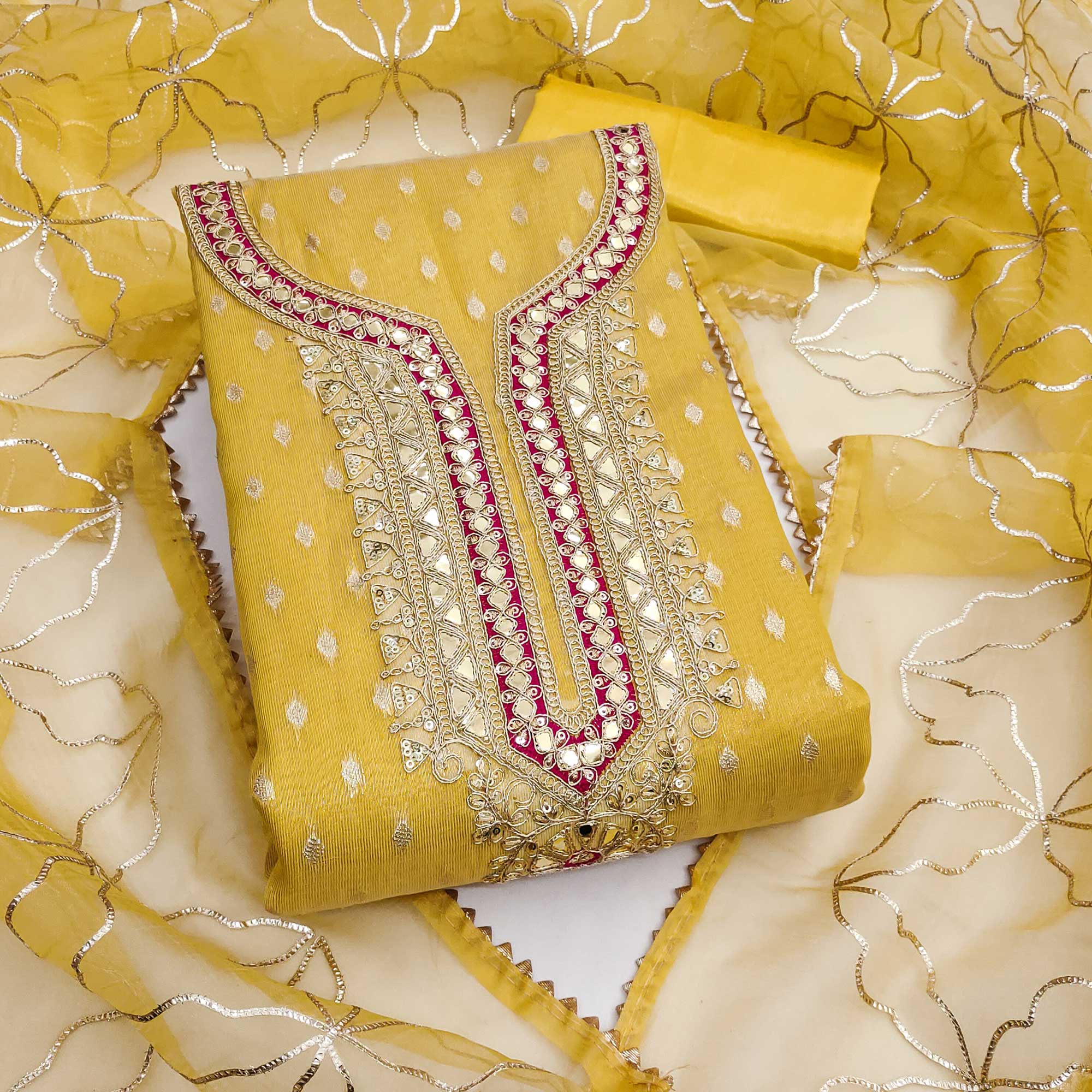 Yellow Woven Shimmer Silk Dress Material Adorned With Sequins & Gota Patti Work