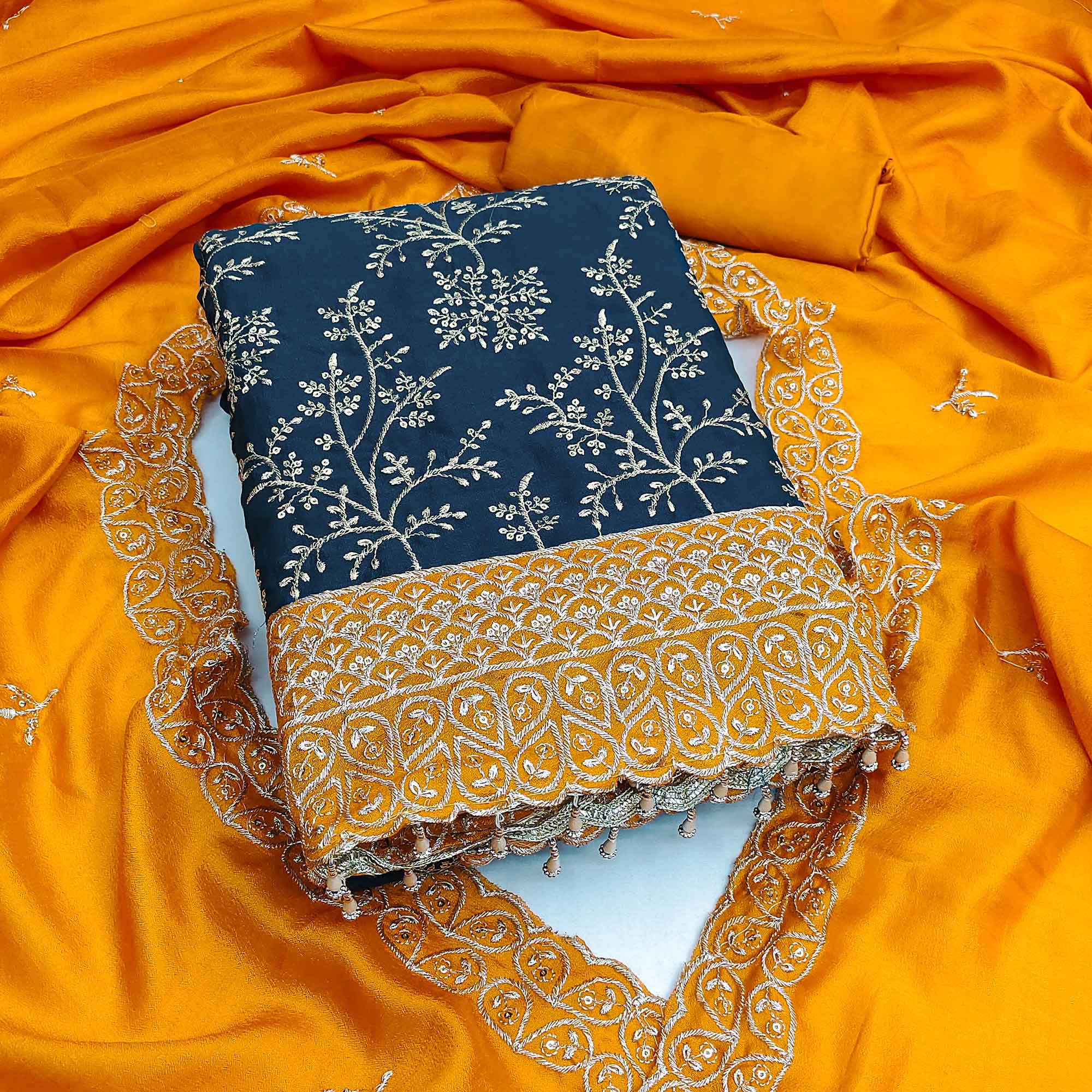 Blue Vichitra Silk Dress Material With Exquisite Sequins & Zari Embroidery