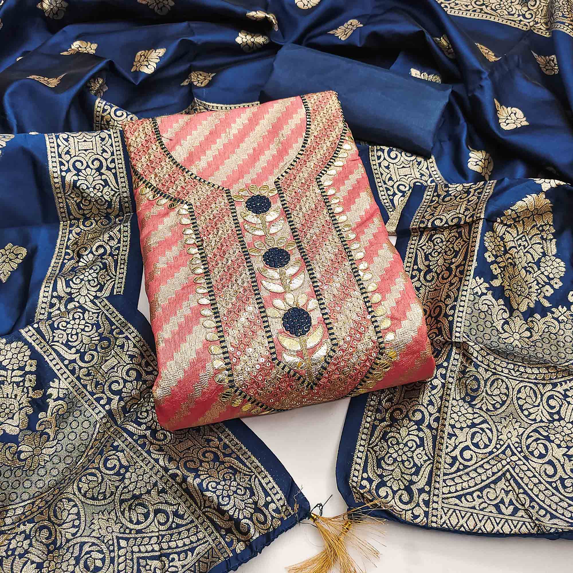 Peach Woven With Sequins Embroidery & Gota Patti Work Banarasi Silk Dress Material