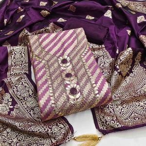 Purple Woven With Sequins Embroidery & Gota Patti Work Banarasi Silk Dress Material