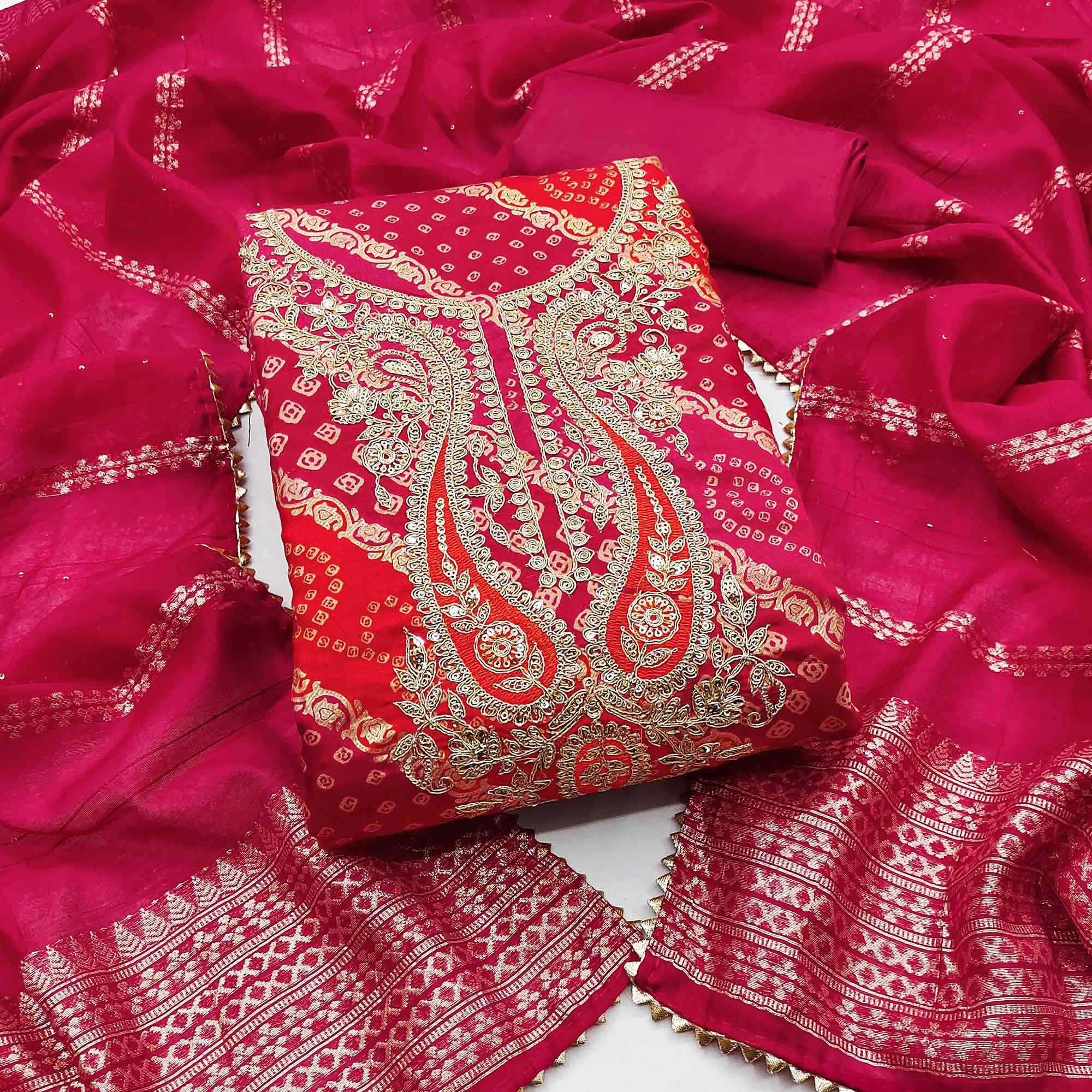 Rani Pink Bandhani Printed With Cording Sequins Emboridery Chanderi Silk Dress Material