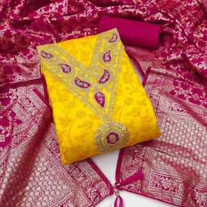 Yellow Floral Printed With Cording Sequins Embroidery Chanderi Silk Dress Material