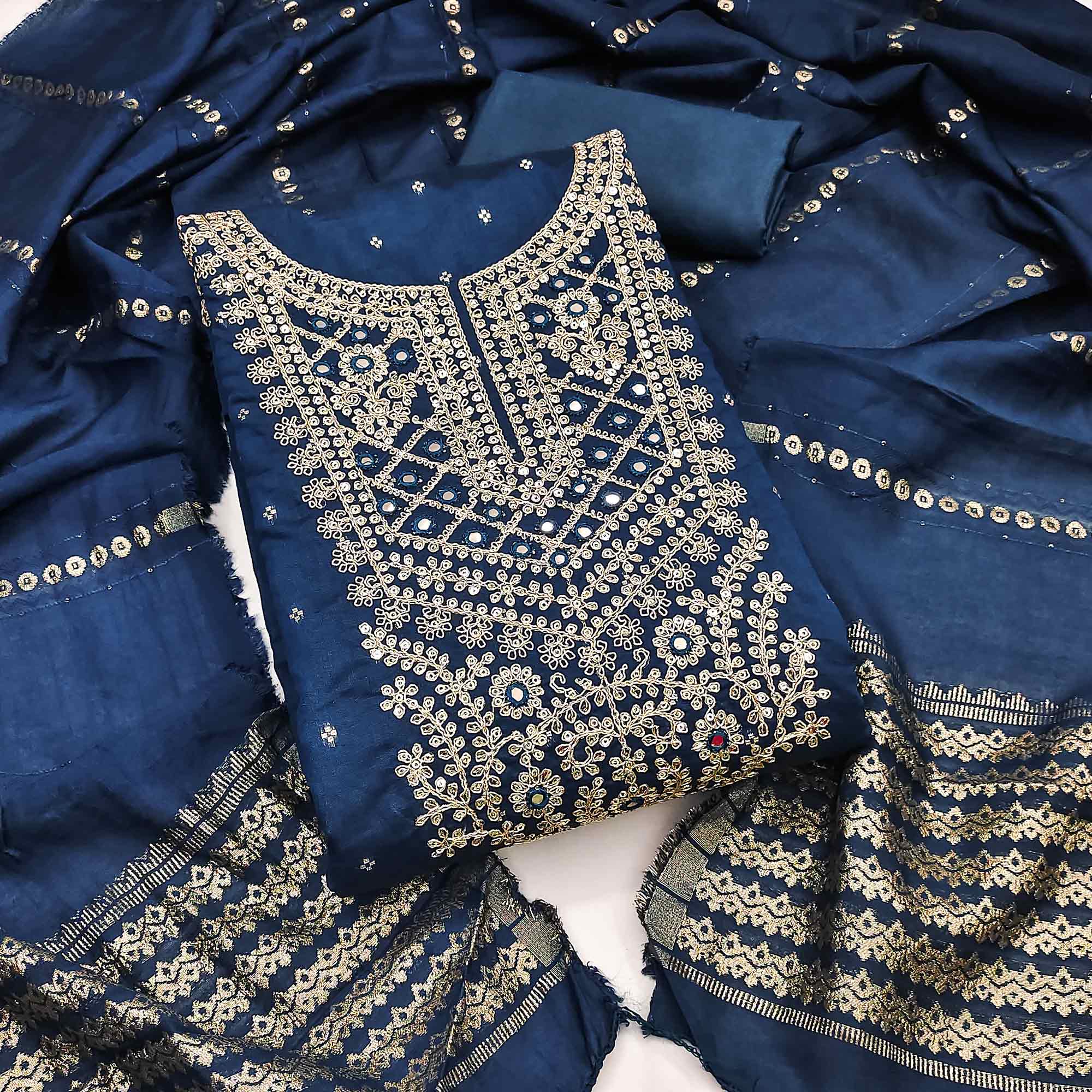 Blue Chanderi Silk Dress Material With Intricate Floral Sequins Embroidery & Butti Work