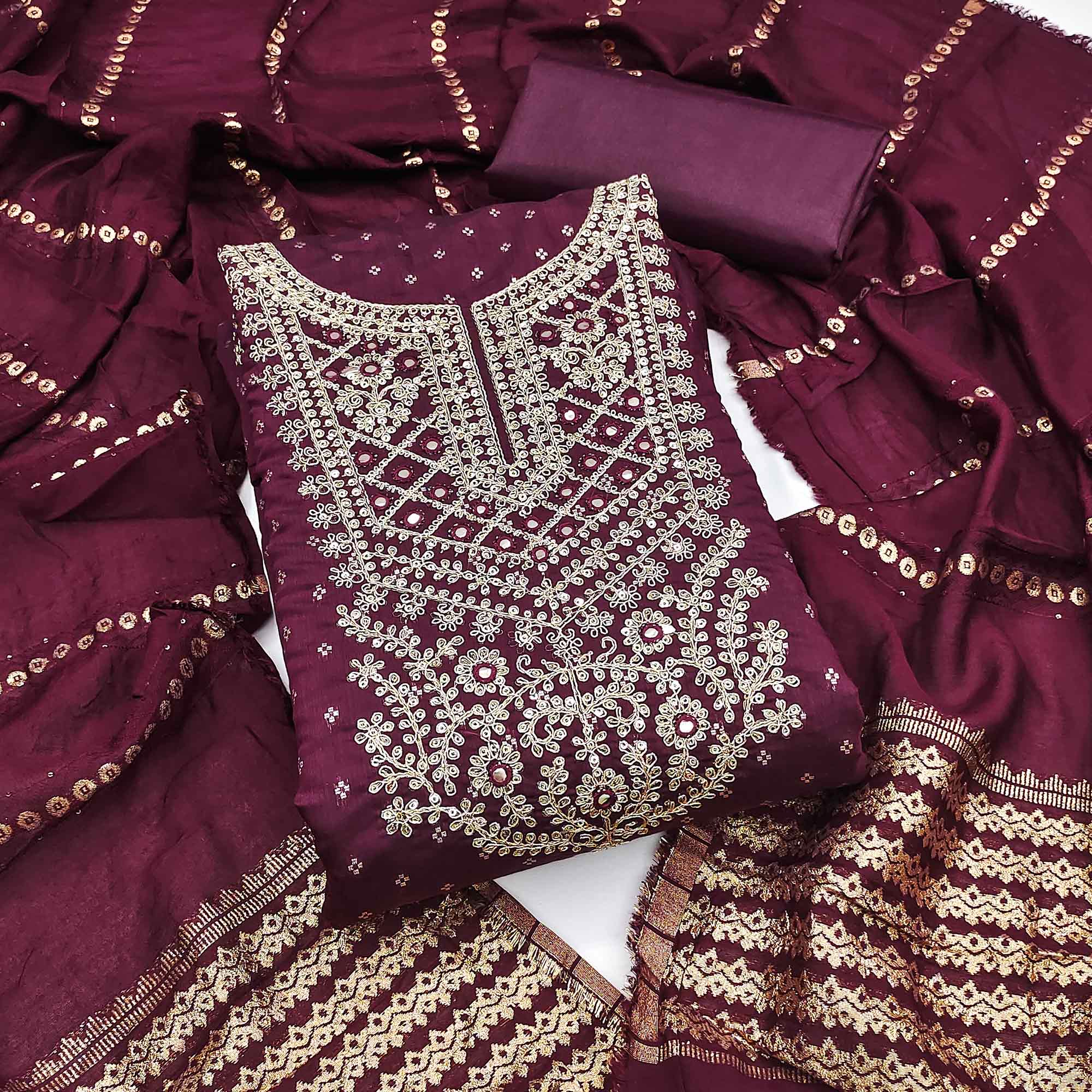 Wine Chanderi Silk Dress Material With Intricate Floral Sequins Embroidery & Butti Work