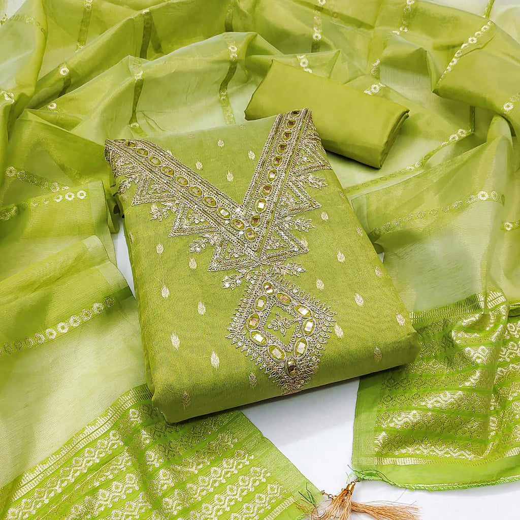 Green - Jacquard Cotton 3pc Unstitched Dress Material 79