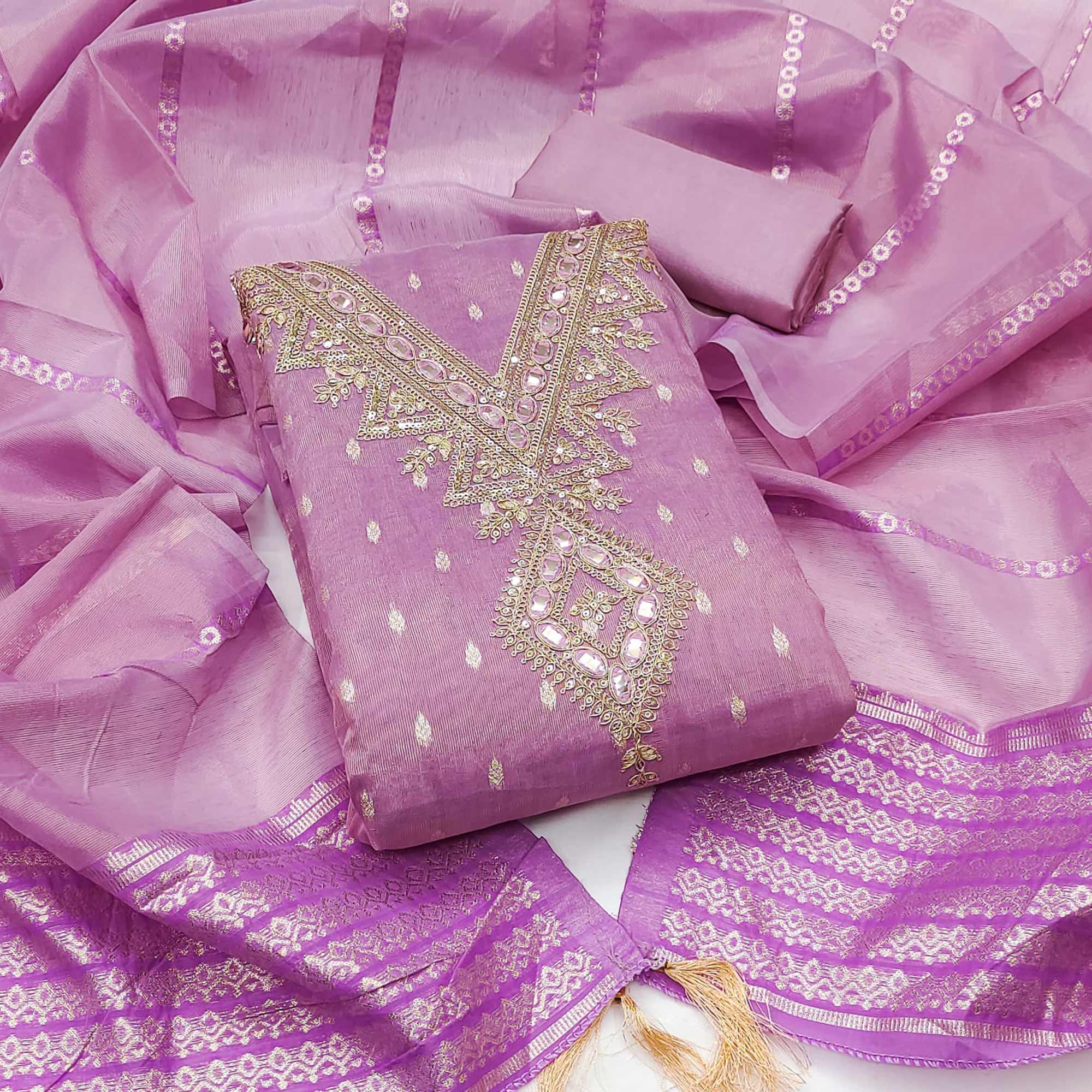 Lavender Jacquard Dress Material with Zari Weaving and Sequin Accents