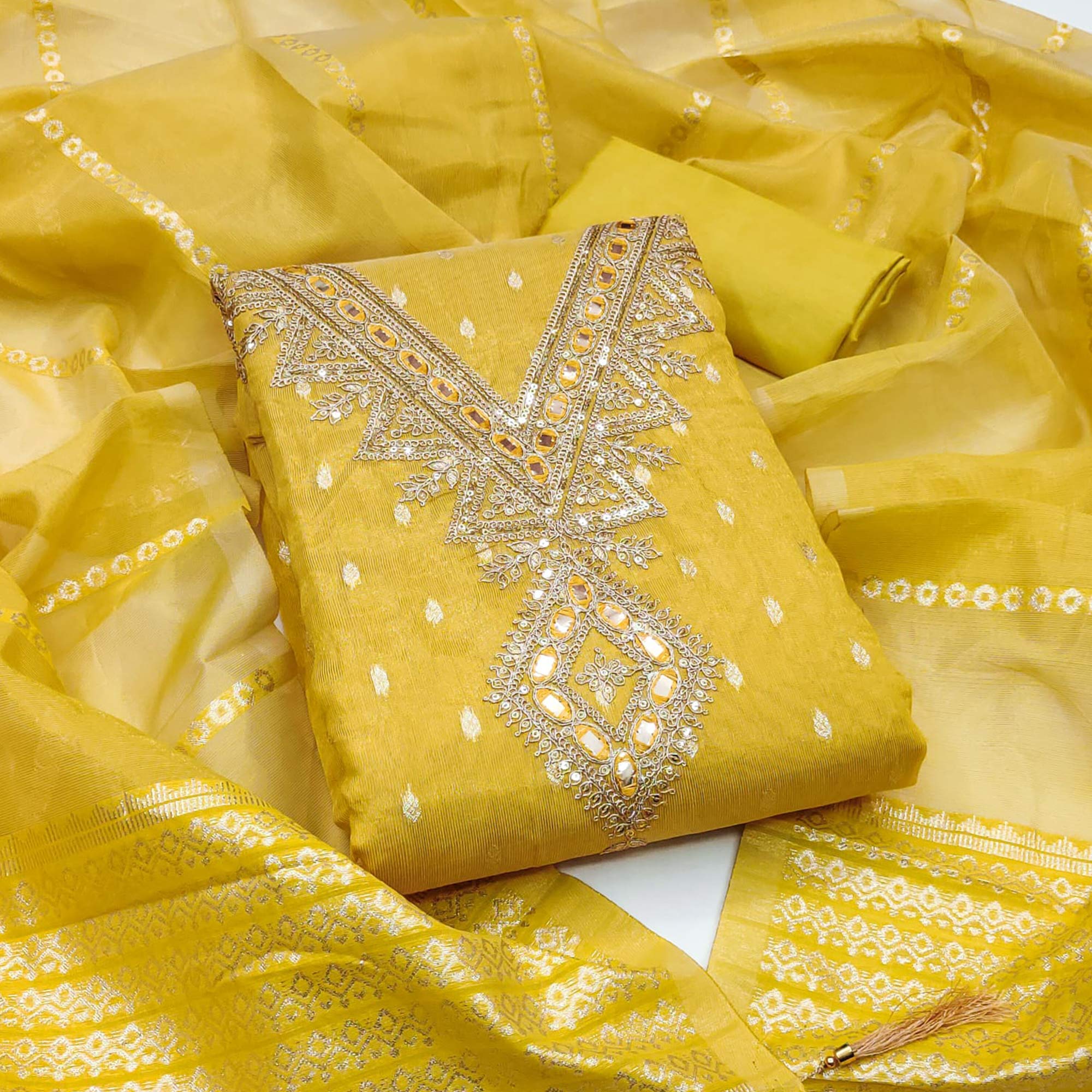 Yellow Jacquard Dress Material with Zari Weaving and Sequin Accents