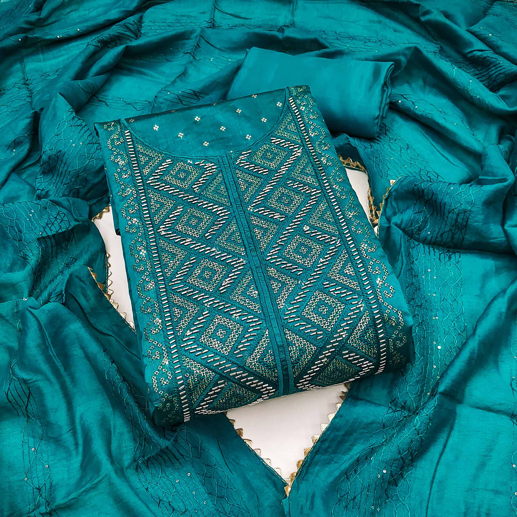 Dark Teal Shimmer Dress Material Featuring Zari Weaving & Beads Work