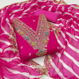 Rani Pink Printed Dress Material In Chanderi Silk with Intricate Cording & Sequin Work