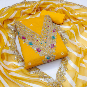Yellow Printed Dress Material In Chanderi Silk with Intricate Cording & Sequin Work