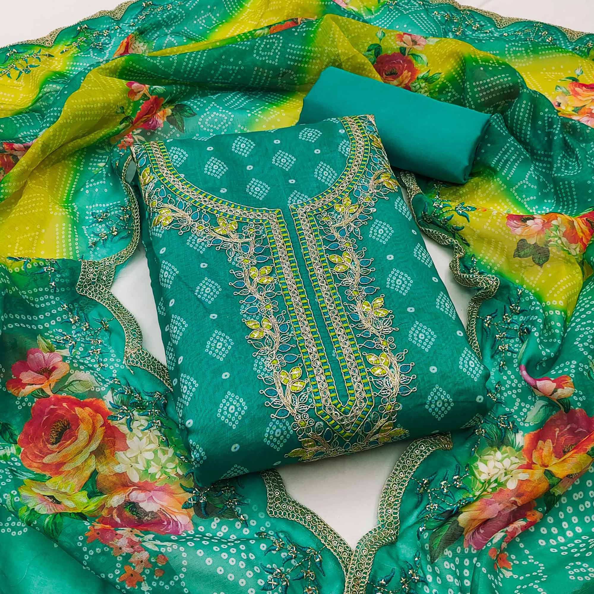 Rama Green Bandhani Printed Chanderi Silk Dress Material With Sequin & Cording Embroidery