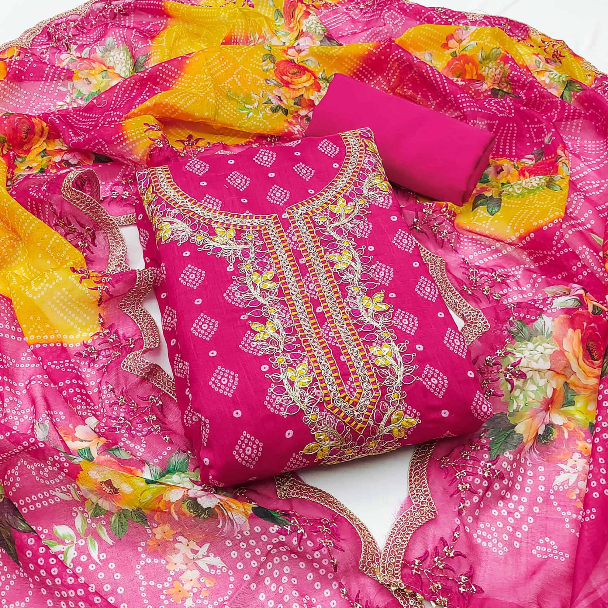 Rani Pink Bandhani Printed Chanderi Silk Dress Material With Sequin & Cording Embroidery
