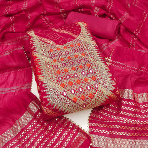 Rani Pink Bandhani Print On Roman Chanderi Silk With Cording & Sequins Work Dress Material