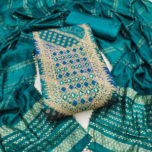 Teal Bandhani Print On Roman Chanderi Silk With Cording & Sequins Work Dress Material