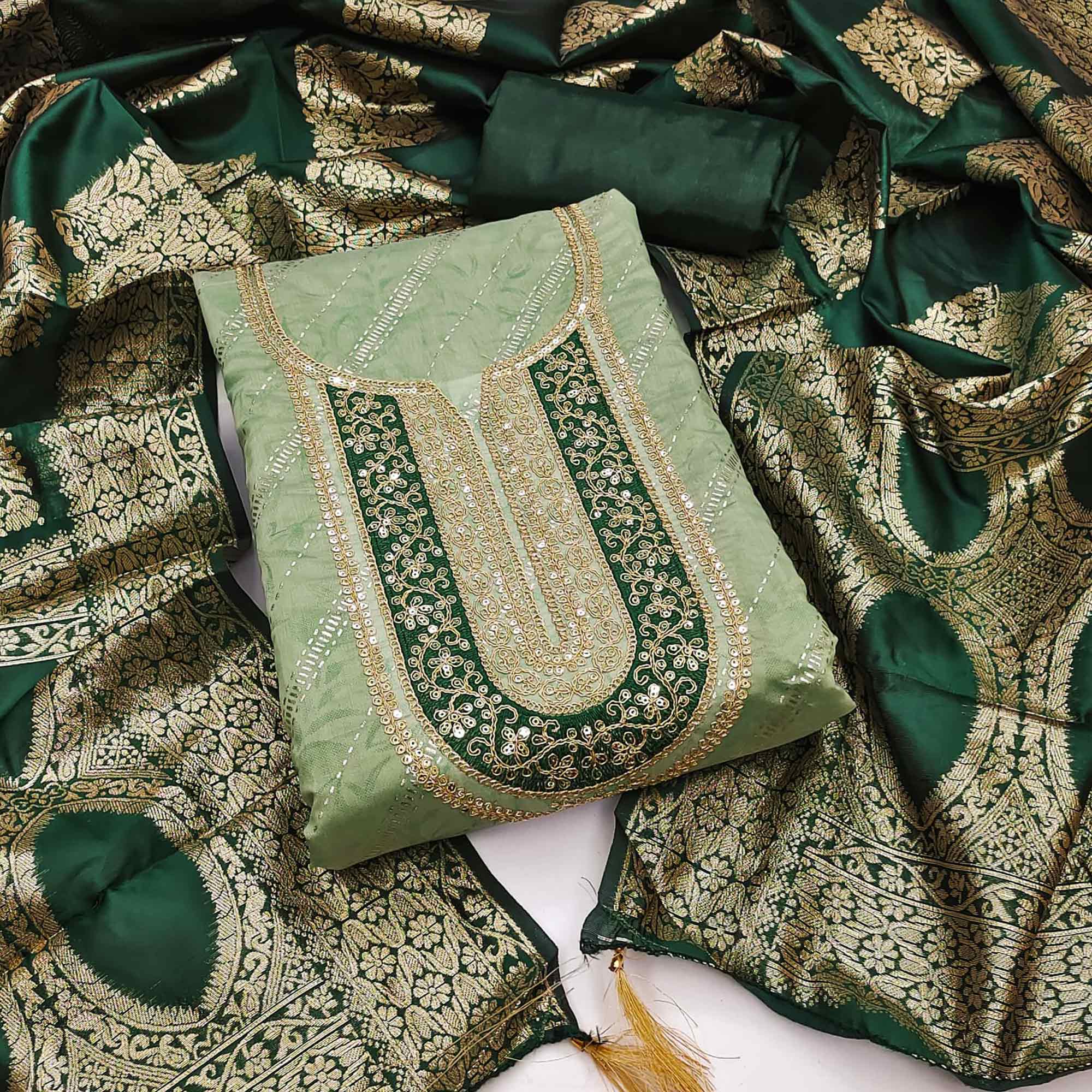 Green Floral Printed Chanderi Silk Dress Material Embellished With Sequins & Cording