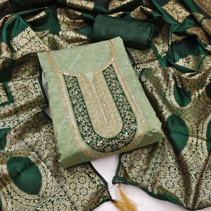 Green Floral Printed Chanderi Silk Dress Material Embellished With Sequins & Cording