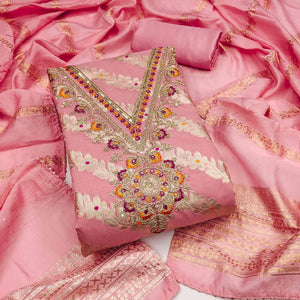 Pink Jacquard Dress Material with Shimmering Zari Weave in Traditional Banarasi Style