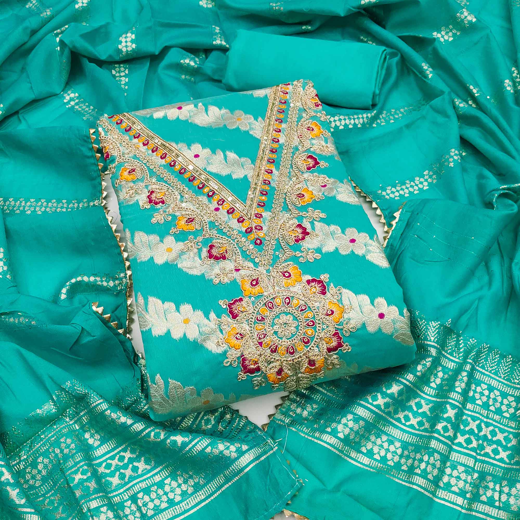 Turquoise Jacquard Dress Material with Shimmering Zari Weave in Traditional Banarasi Style