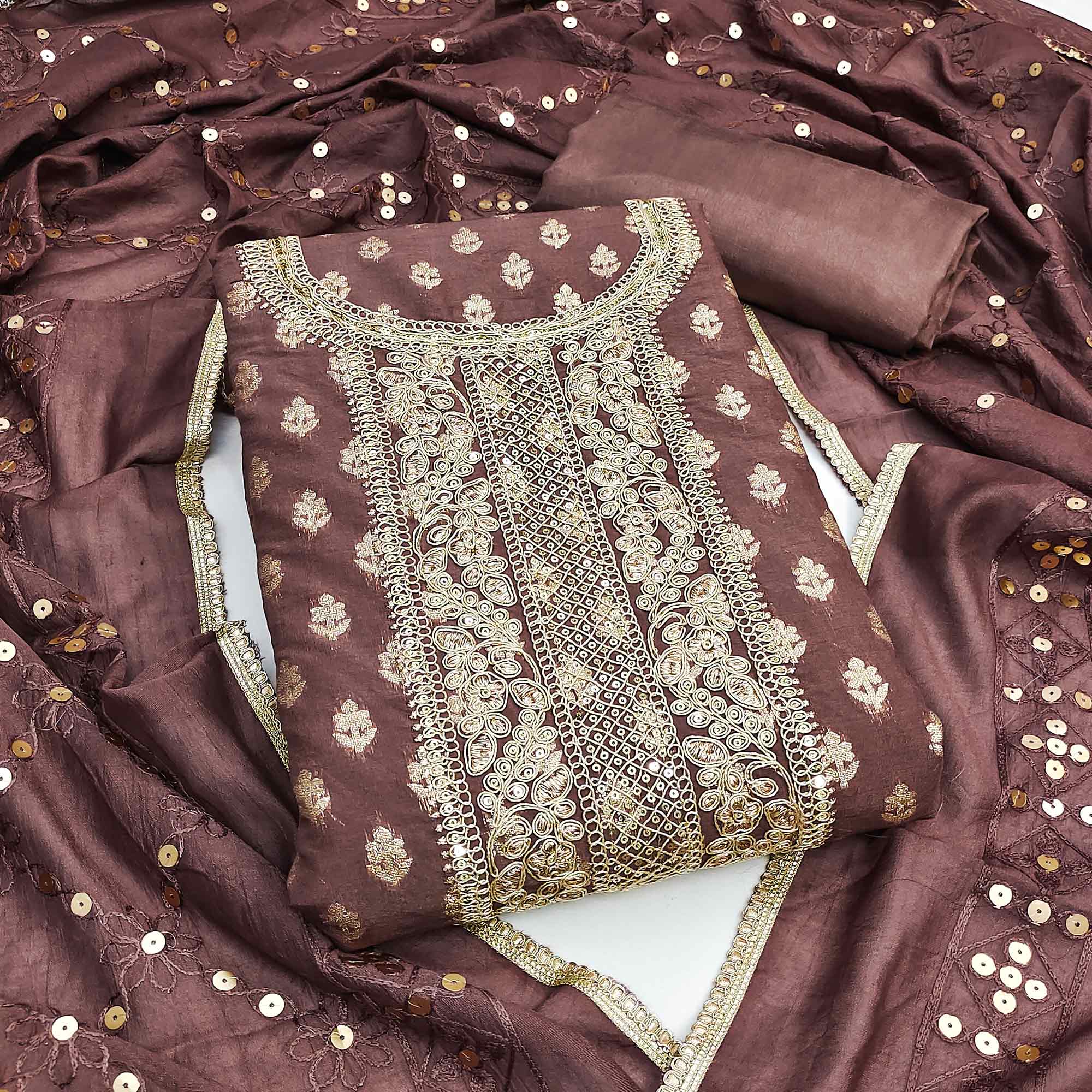 Brown Chanderi Cotton Fabric with Elegant Butti Zari Weaving for a Festive Yet Soft Look