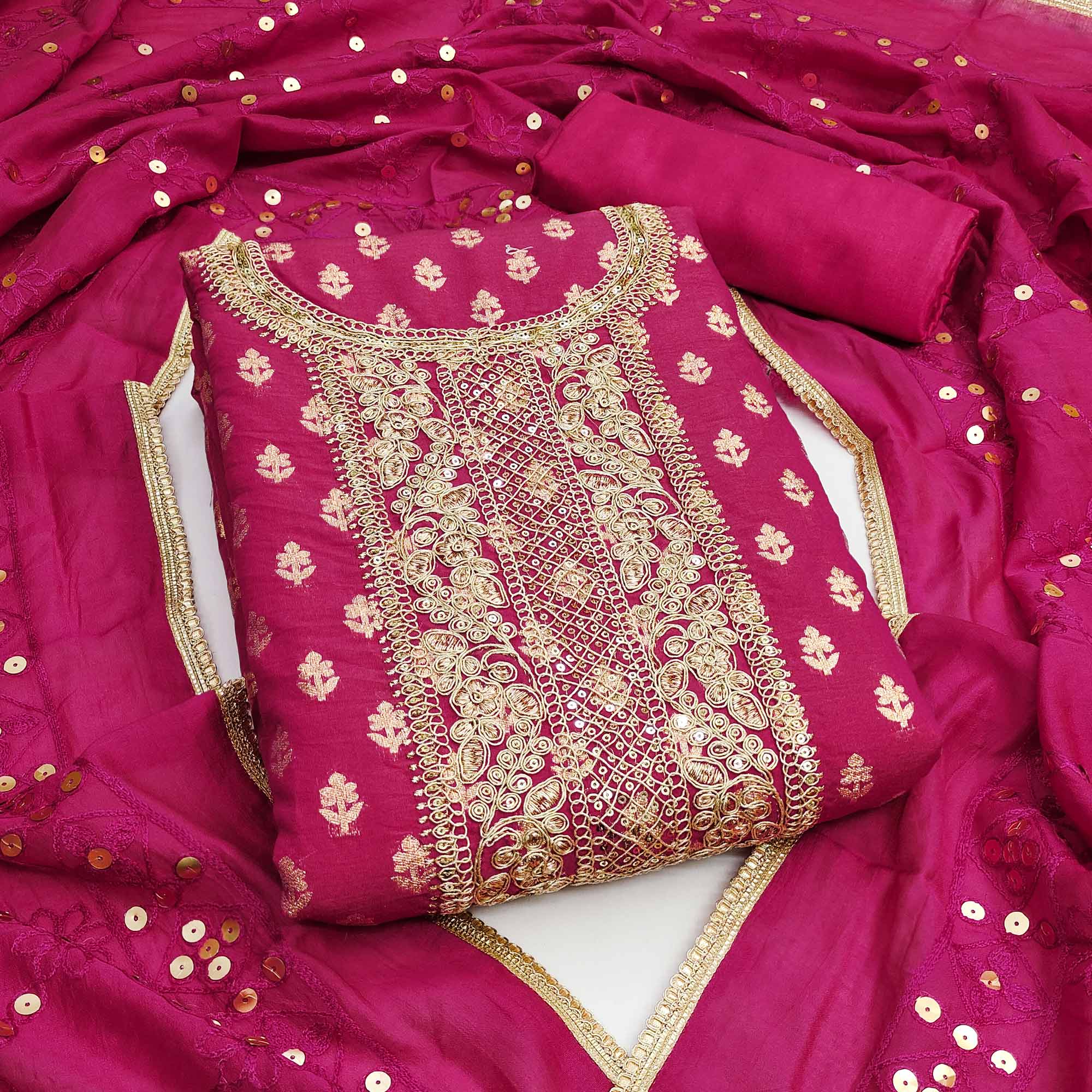 Pink Chanderi Cotton Fabric with Elegant Butti Zari Weaving for a Festive Yet Soft Look