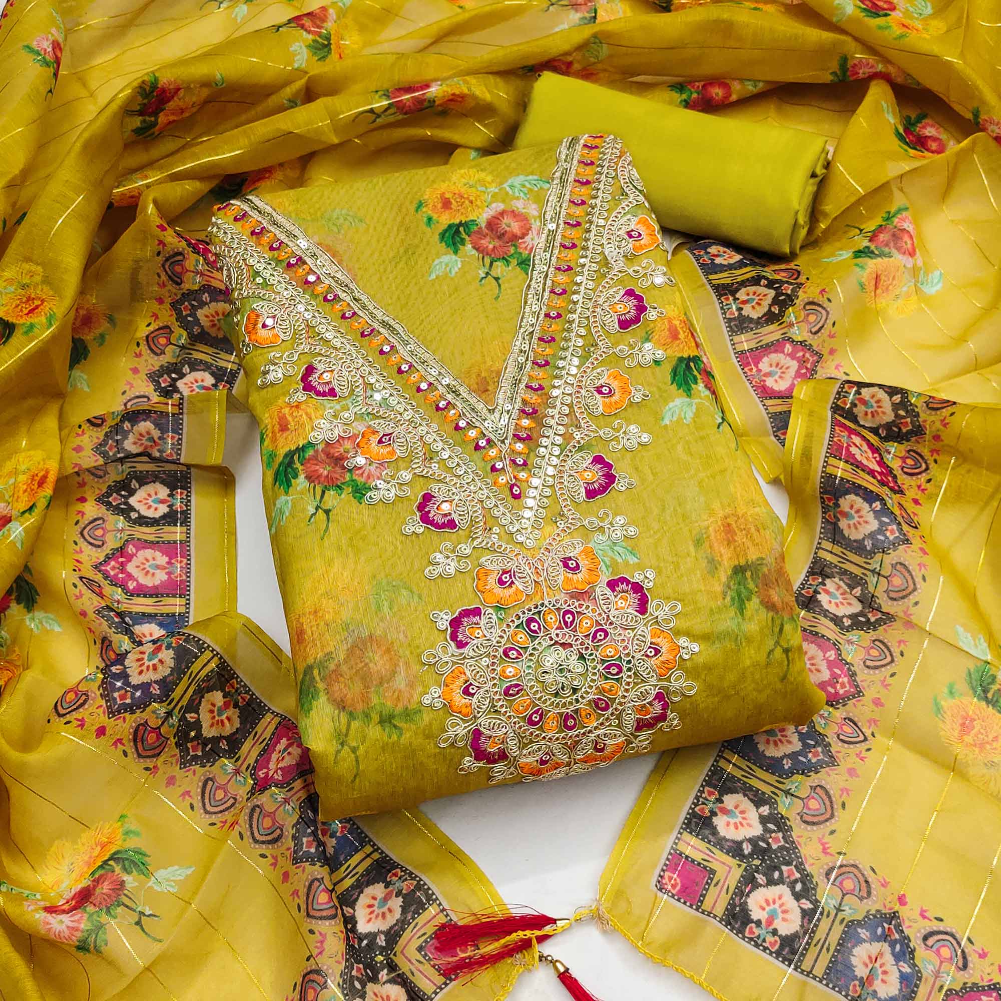 Mustard Floral Digital Print Dress Material With Sequins & Cording Embroidery On Chanderi Silk