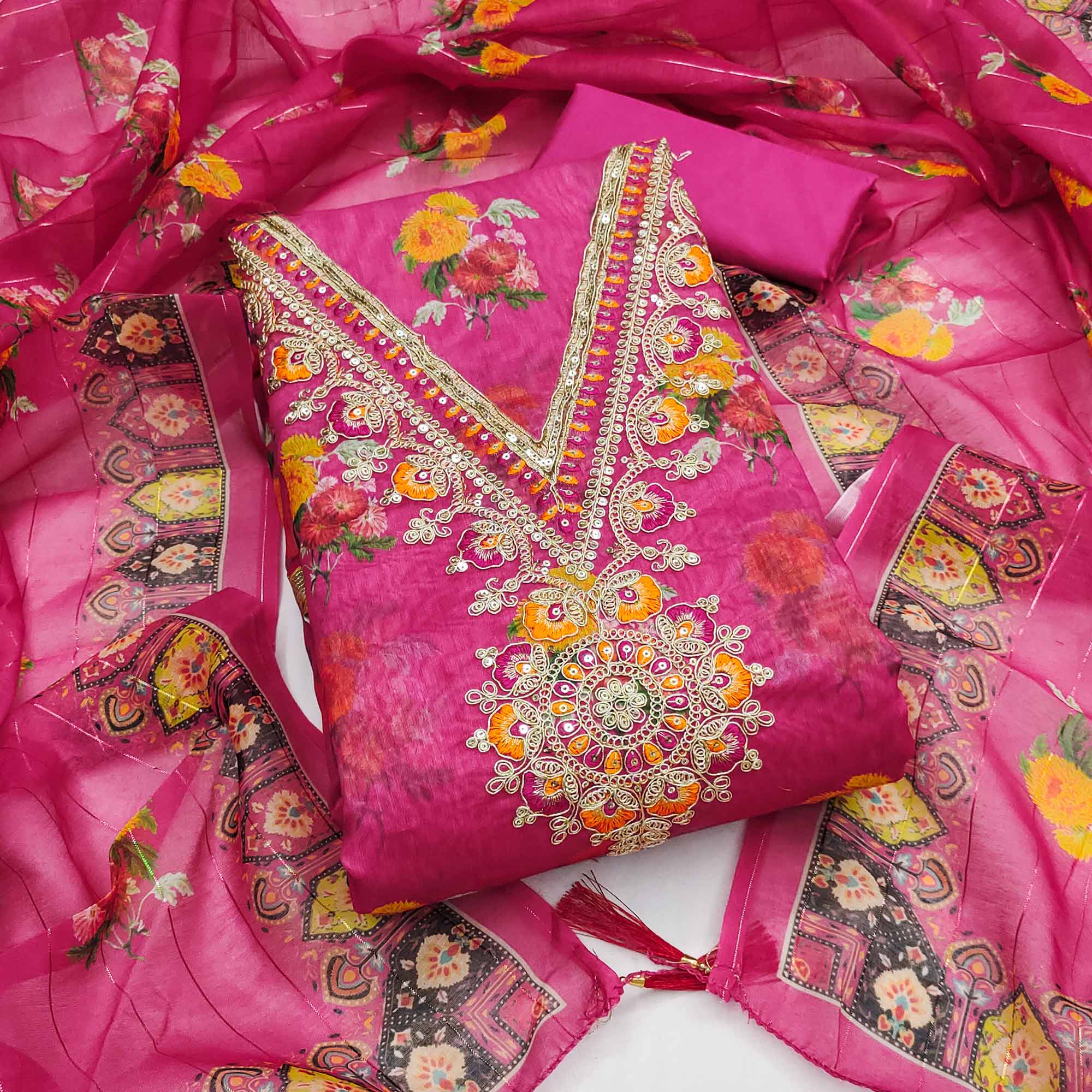 Pink Floral Digital Print Dress Material With Sequins & Cording Embroidery On Chanderi Silk