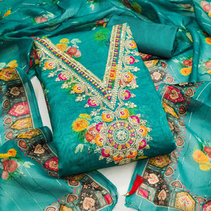 Teal Floral Digital Print Dress Material With Sequins & Cording Embroidery On Chanderi Silk
