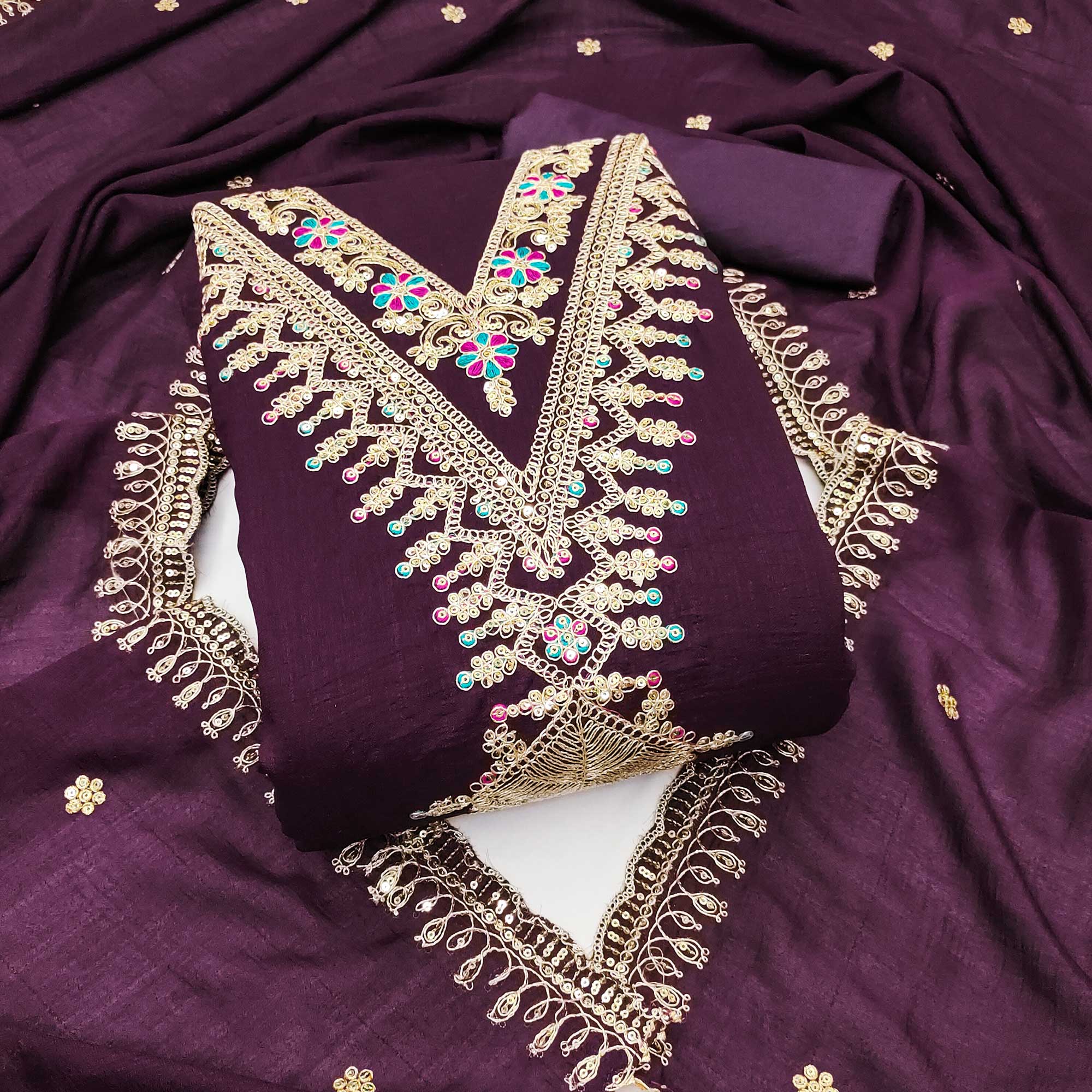 Wine Floral Printed Vichitra Silk Dress Material With Sequins & Cording Work