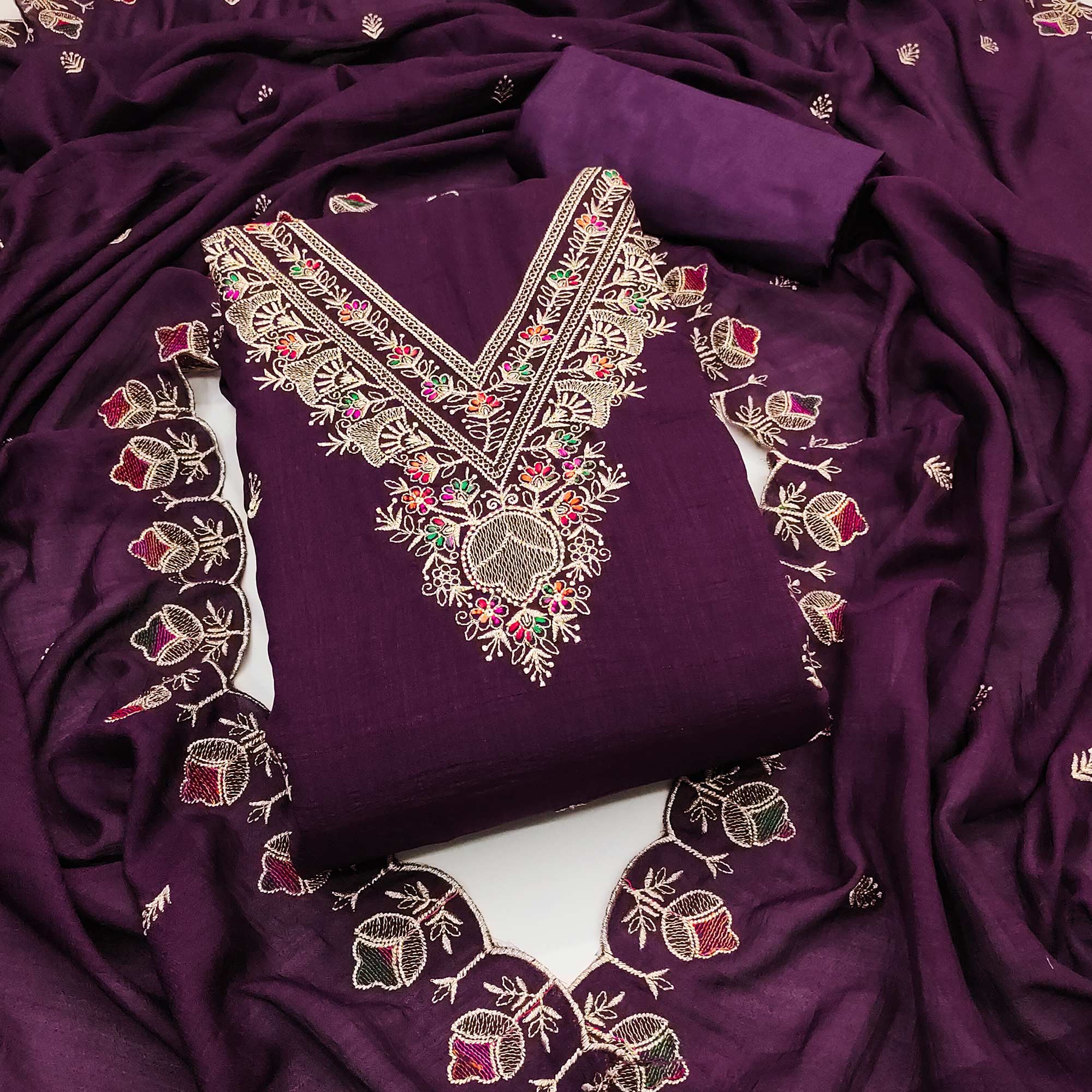 Wine Floral Vichitra Silk Dress Material With Elegant Zari Embroidery