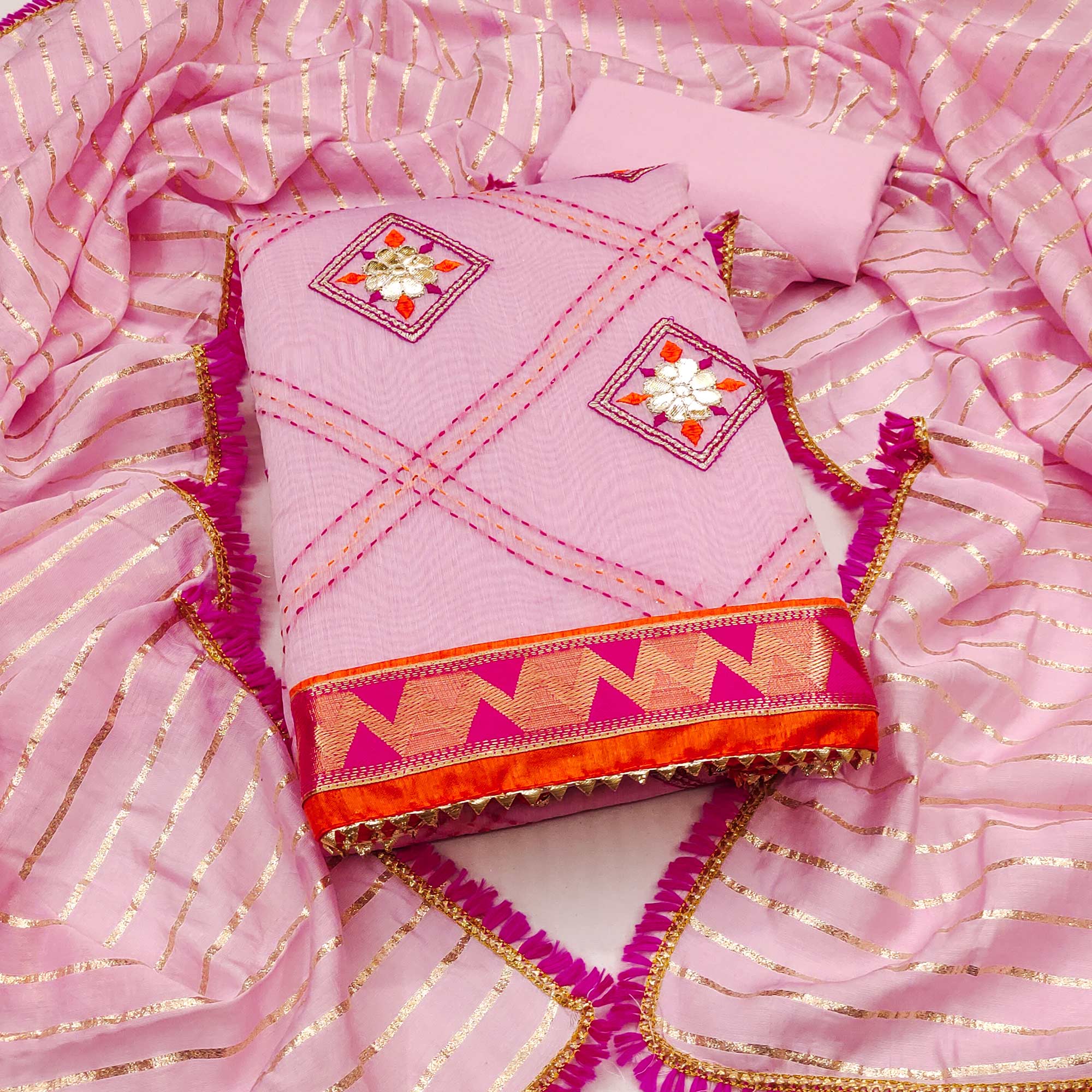Pink Chanderi Dress Material Featuring Gota Patti Work & Delicate Floral Embroidery