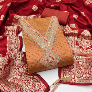 Orange Printed Chanderi Silk Dress Material With Cording Sequins Embroidery On Neck