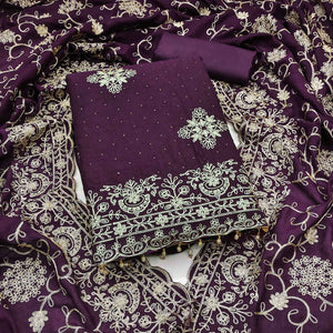 Wine Floral Zari Embroidery With Swarovski Work Vichitra Silk Dress Material