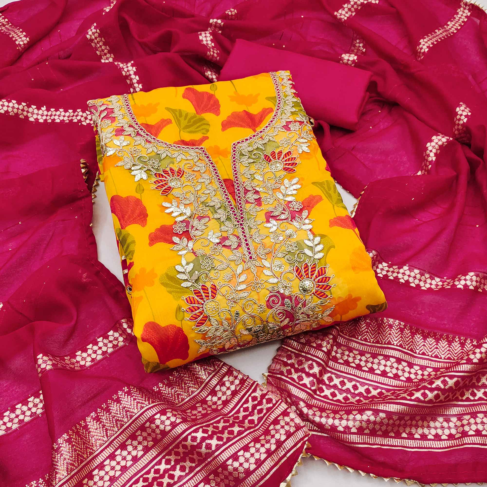 Yellow Floral Printed With Sequins & Cording Embroidery Chanderi Silk Dress Material