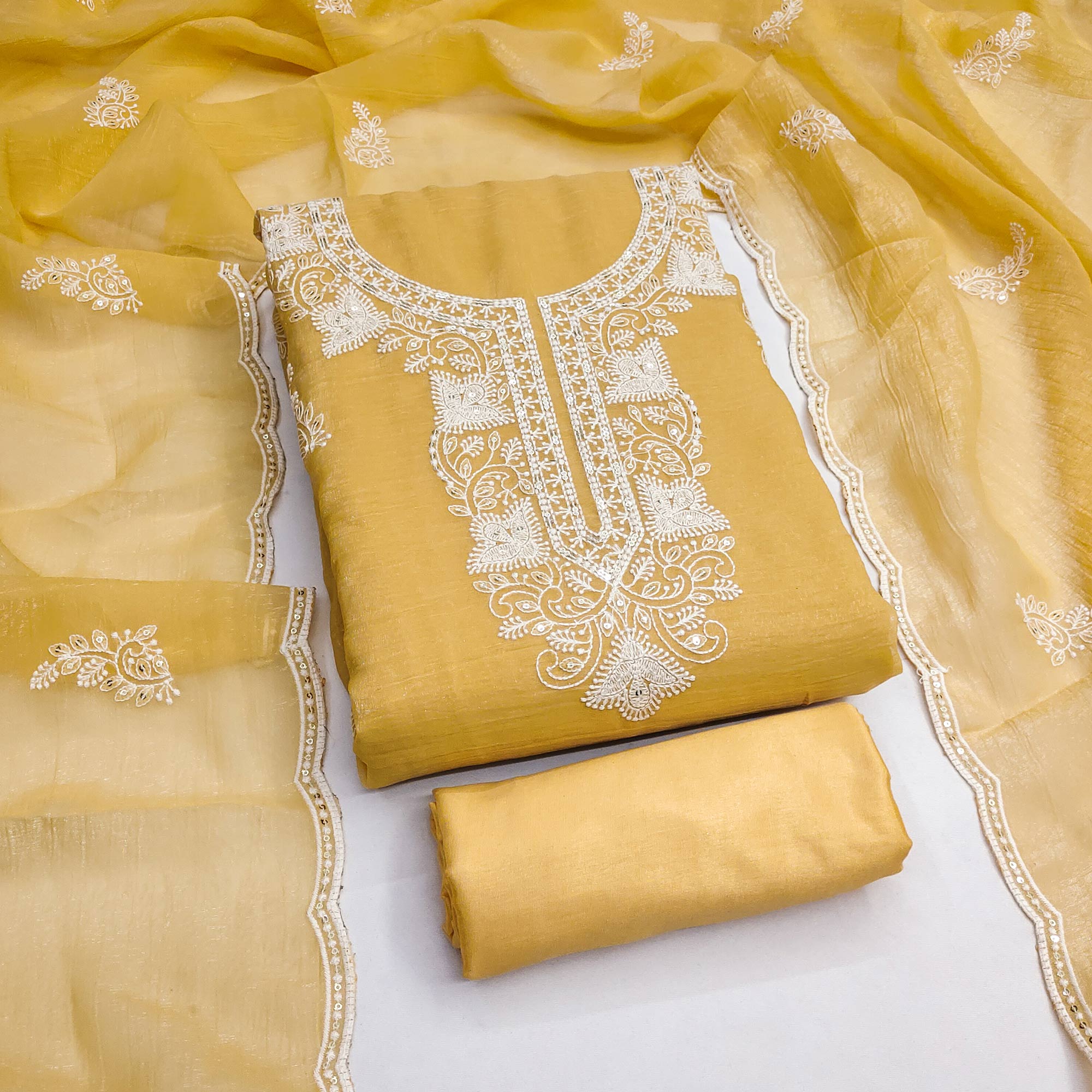 Yellow Georgette Crunchy Silk Dress Material with Elegant Floral Thread Embroidery & Sequins Work