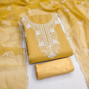 Yellow Georgette Crunchy Silk Dress Material with Elegant Floral Thread Embroidery & Sequins Work