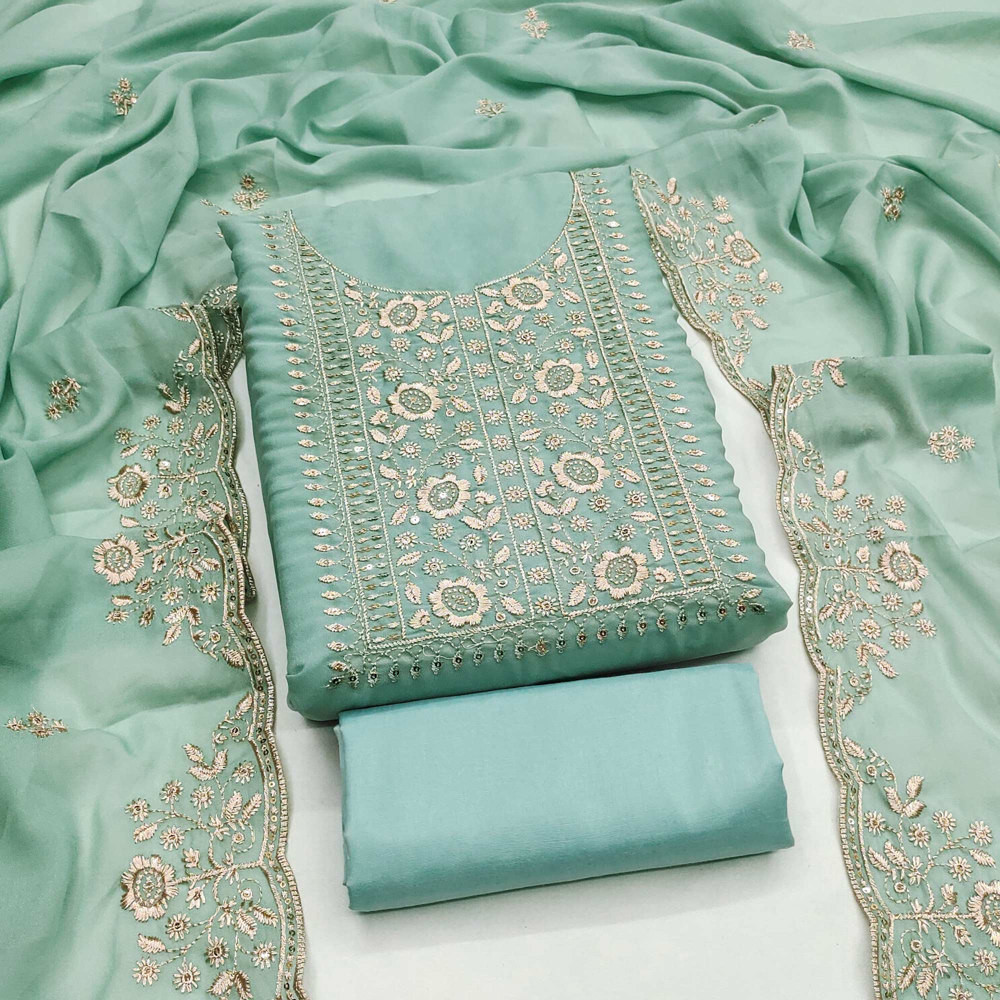 Turquoise Georgette Dress Material With Intricate Floral Zari Embroidery & Sequins Work