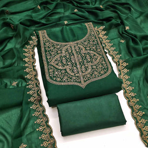 Green Georgette Dress Material With Sparkling Sequins & Zari Floral Embroidery