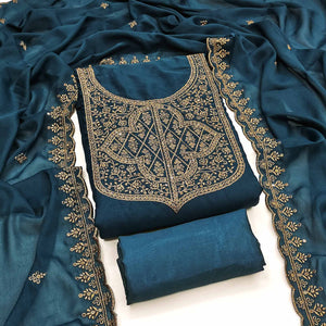 Morpich Blue Georgette Dress Material With Sparkling Sequins & Zari Floral Embroidery