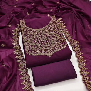 Wine Georgette Dress Material With Sparkling Sequins & Zari Floral Embroidery